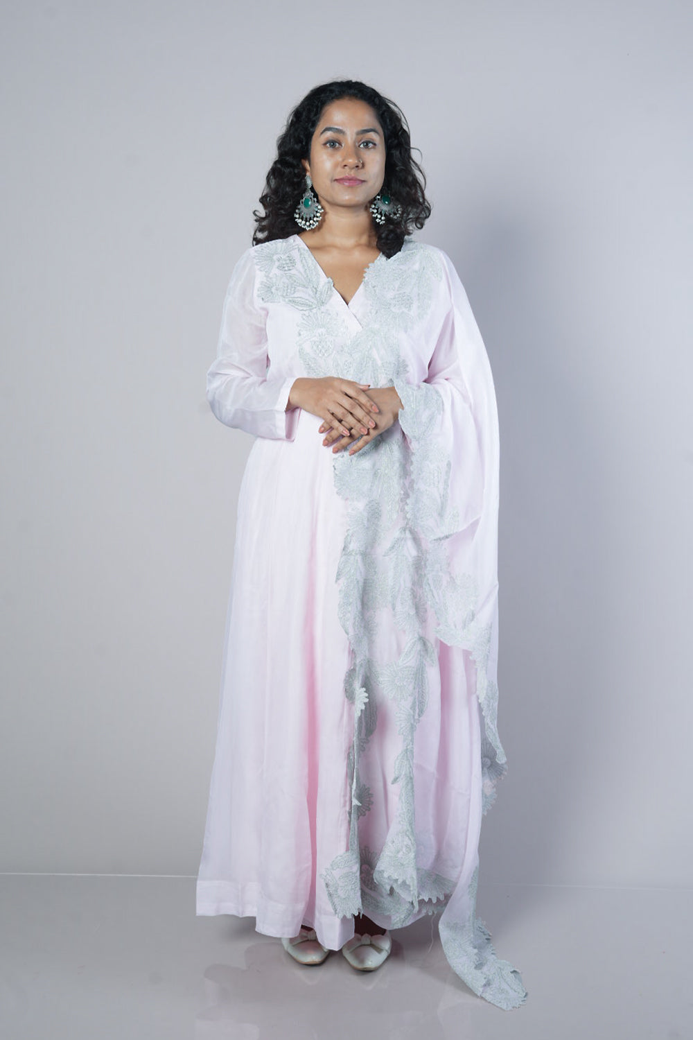 Baby pink Premium Viscose Organza with silver cutwork in Angrakha pattern