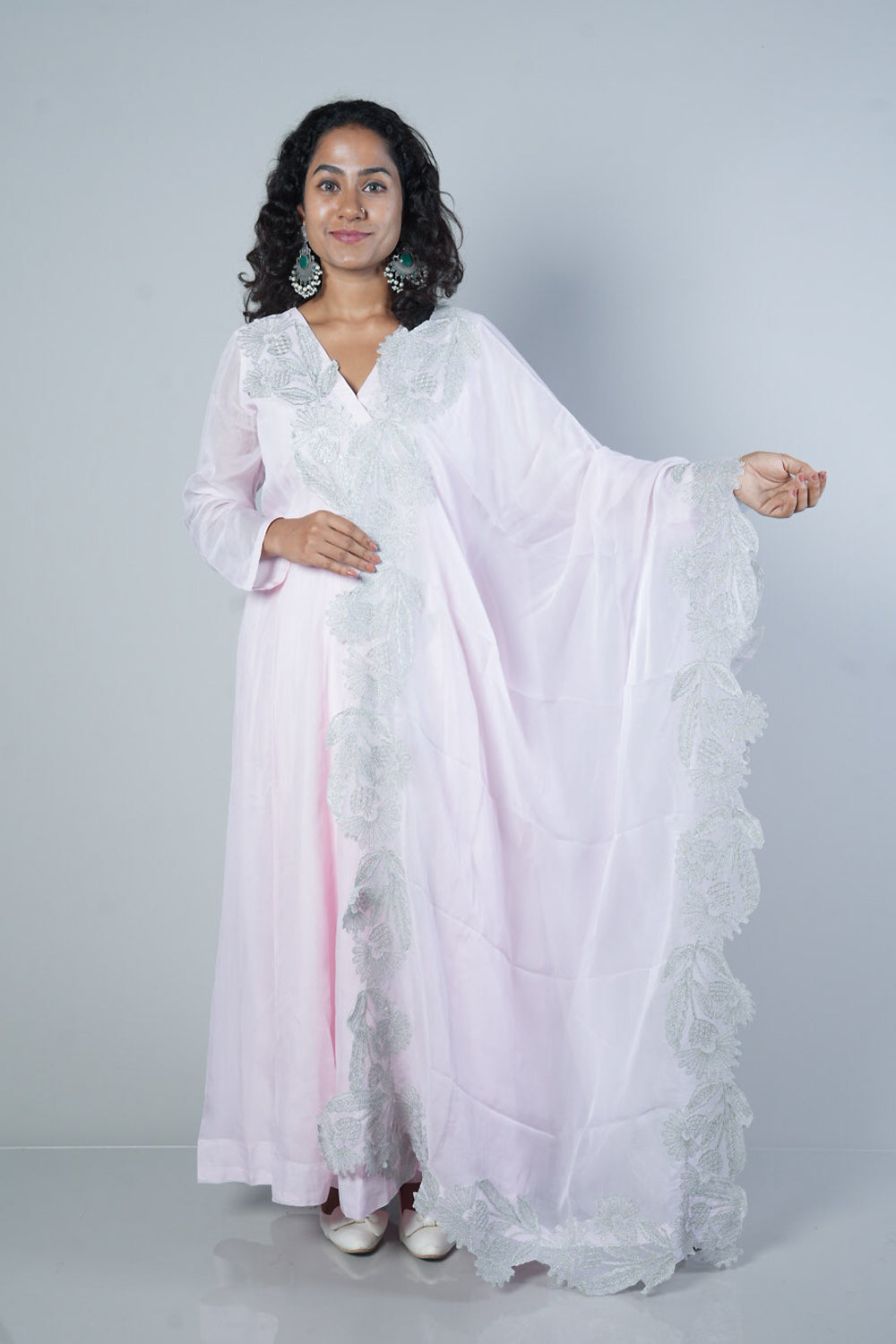 Baby pink Premium Viscose Organza with silver cutwork in Angrakha pattern