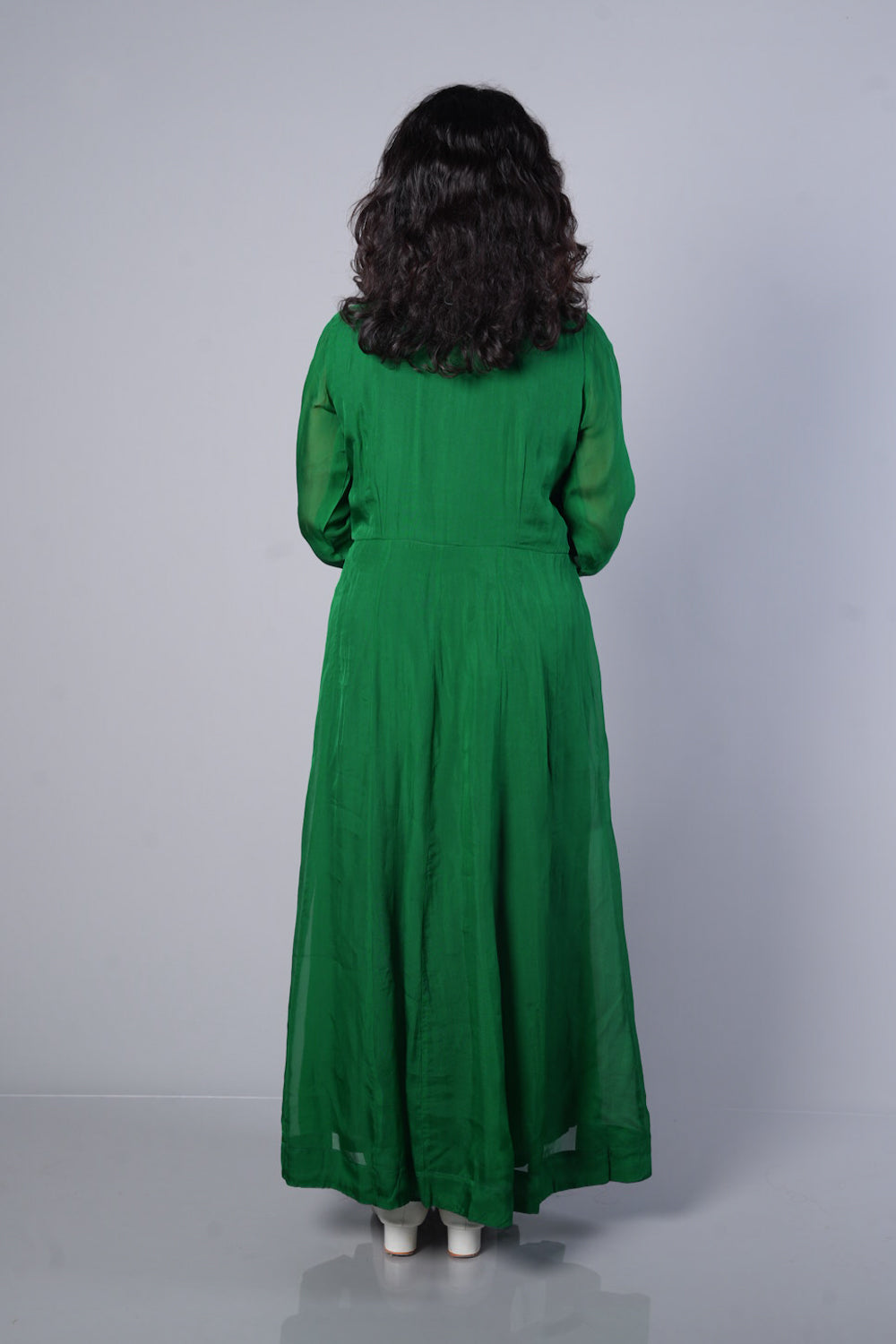 Bottle Green Premium Viscose Organza with silver cutwork in Angrakha pattern