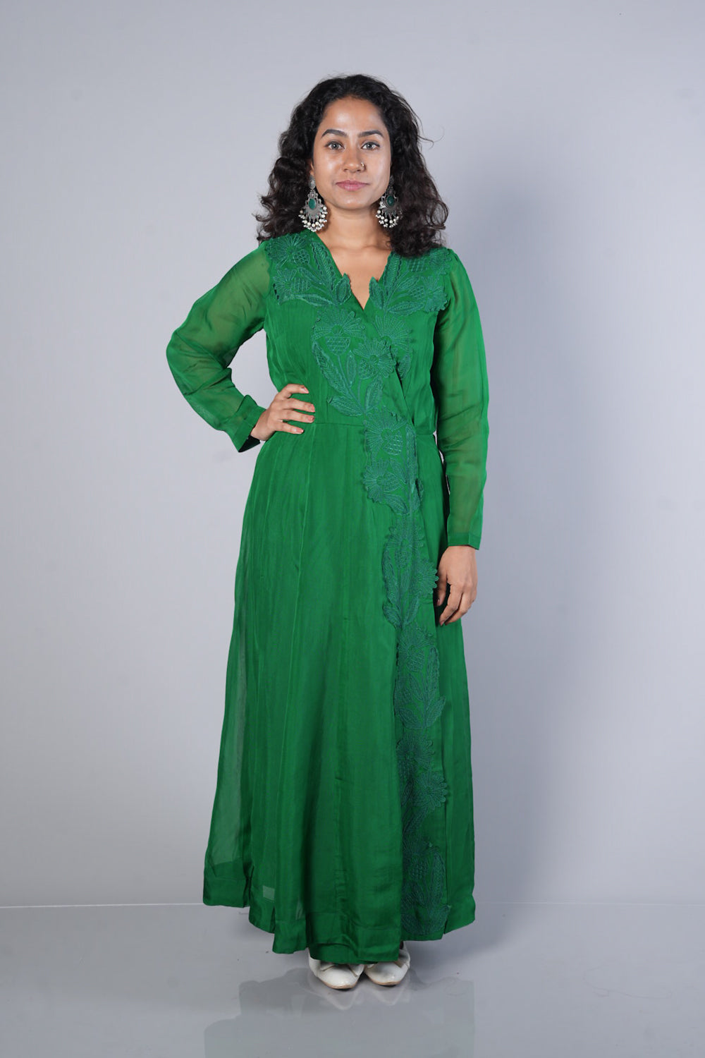 Bottle Green Premium Viscose Organza with silver cutwork in Angrakha pattern