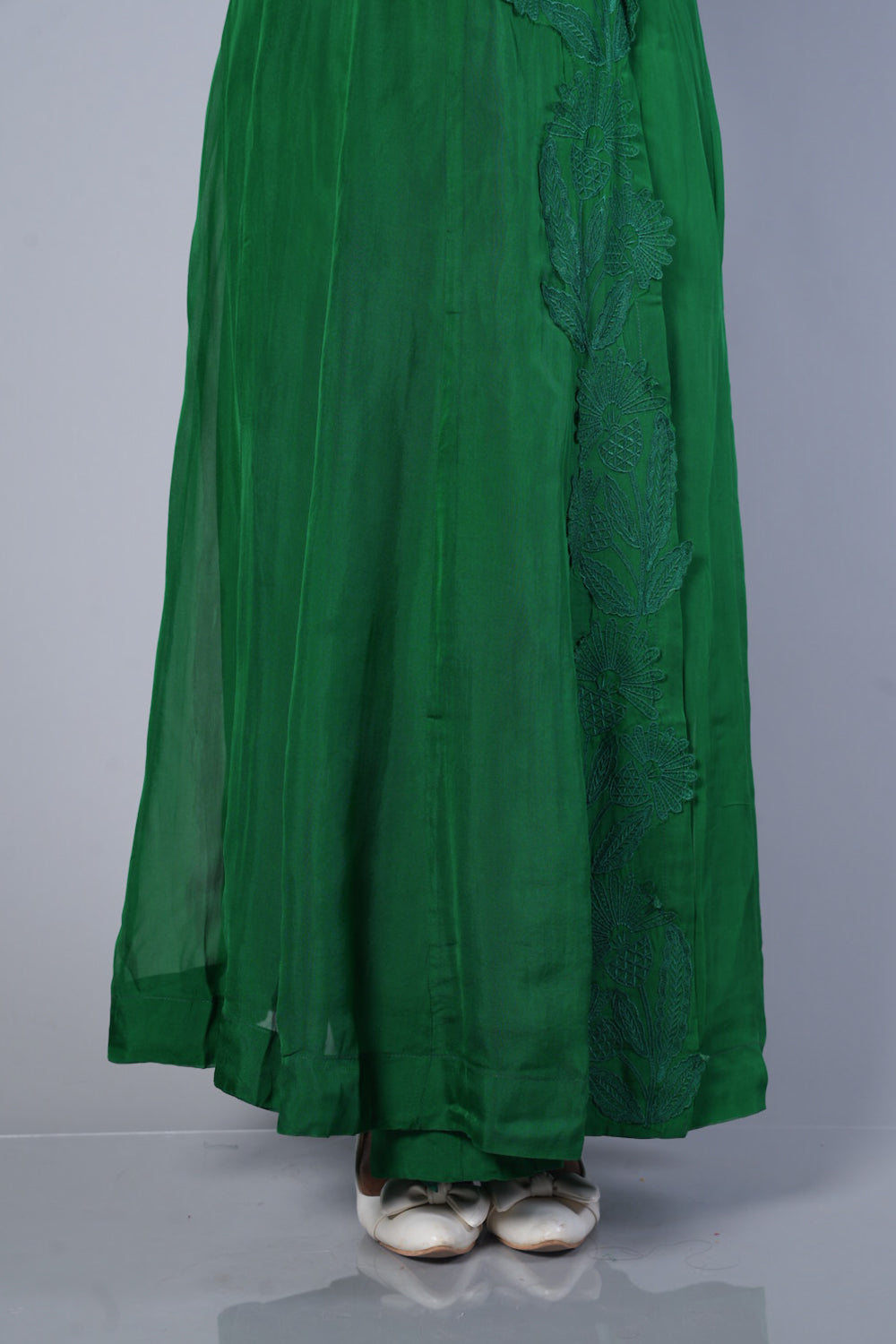 Bottle Green Premium Viscose Organza with silver cutwork in Angrakha pattern