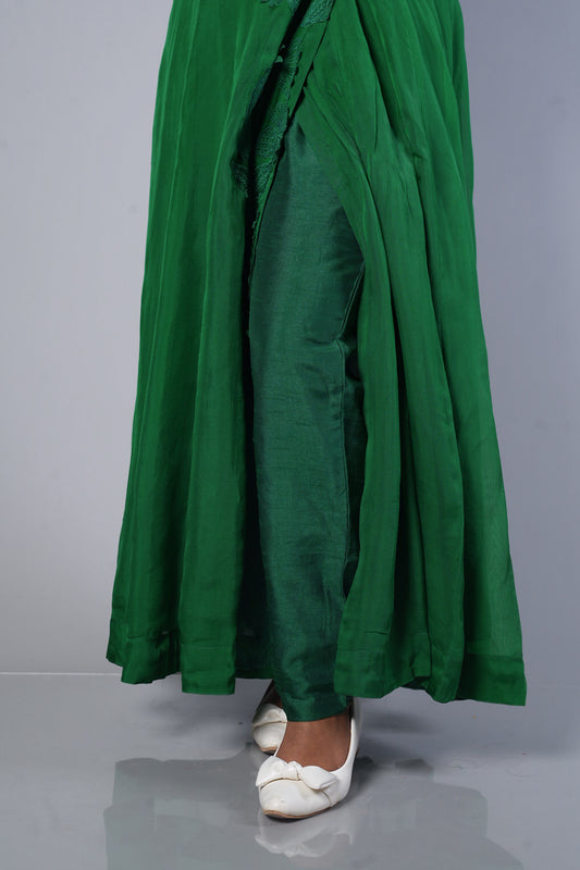 Bottle Green Premium Viscose Organza with silver cutwork in Angrakha pattern