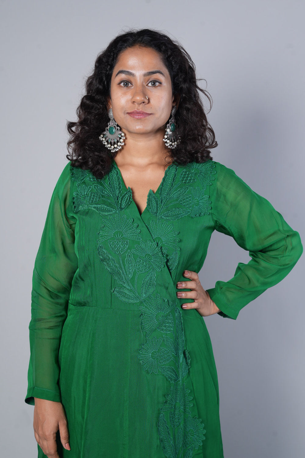 Bottle Green Premium Viscose Organza with silver cutwork in Angrakha pattern
