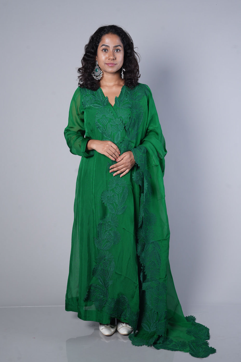 Bottle Green Premium Viscose Organza with silver cutwork in Angrakha pattern
