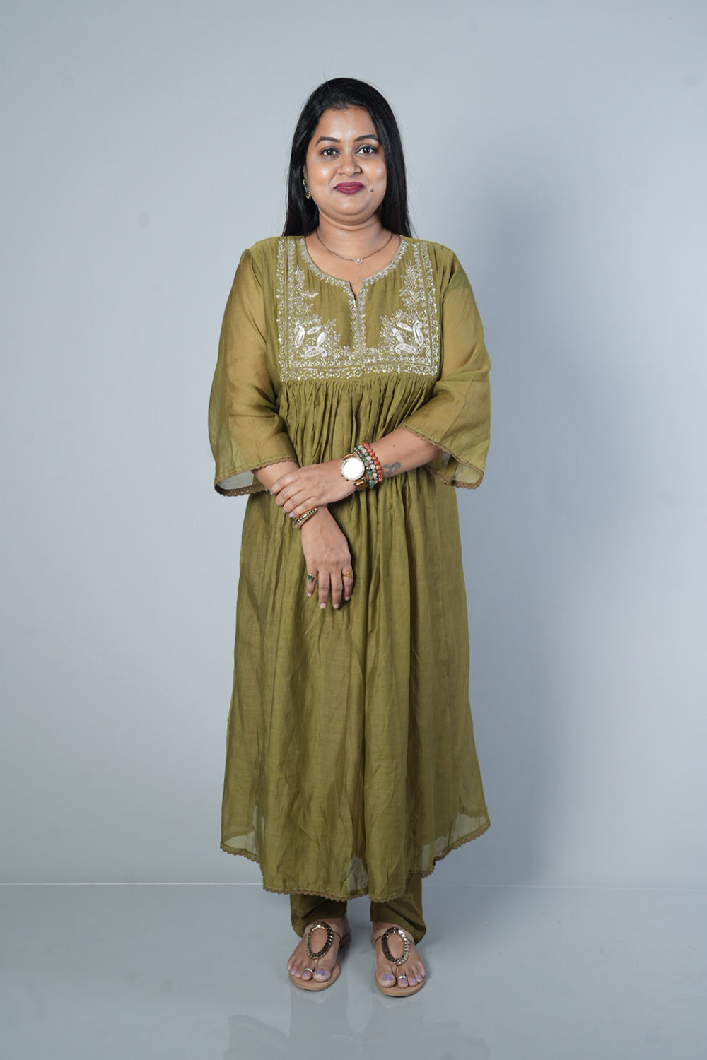 Pure Mulchanderi Green colour with silver Zari sequencing on yoke part
