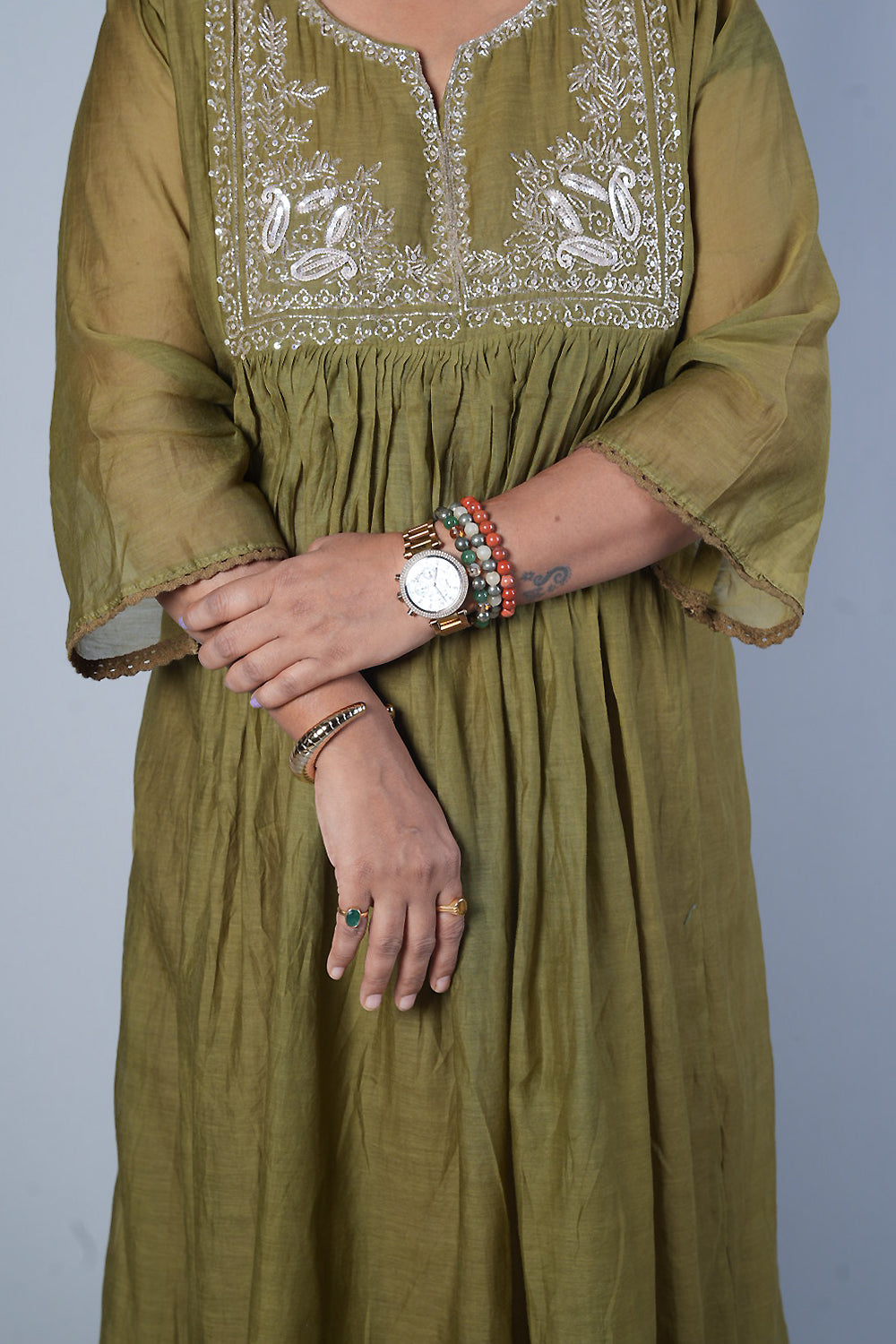 Pure Mulchanderi Green colour with silver Zari sequencing on yoke part