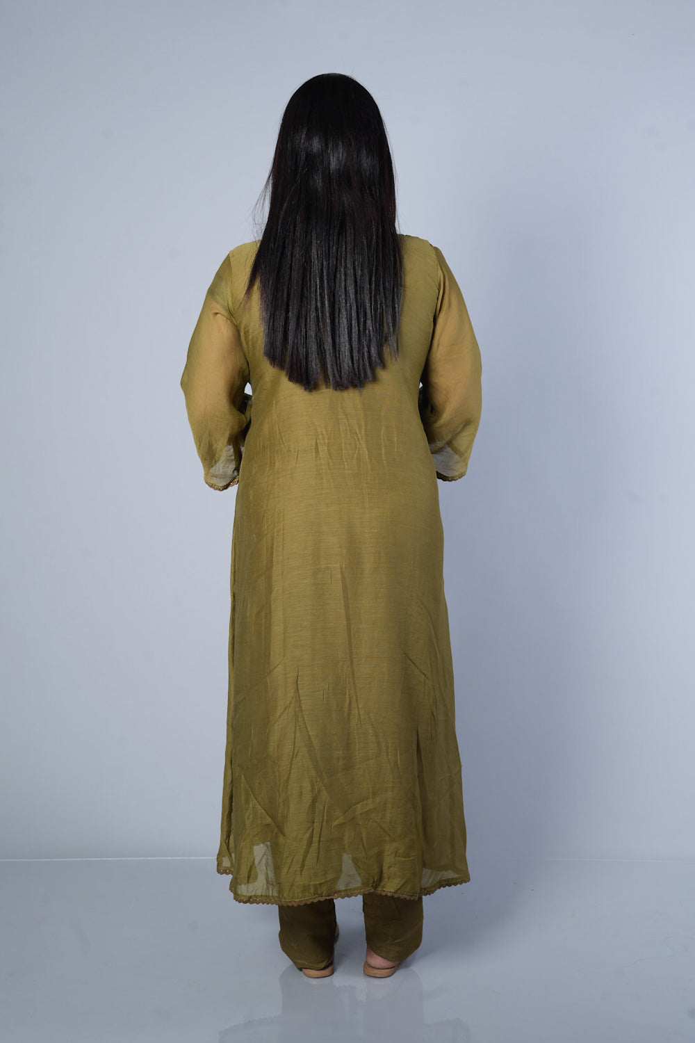Pure Mulchanderi Green colour with silver Zari sequencing on yoke part