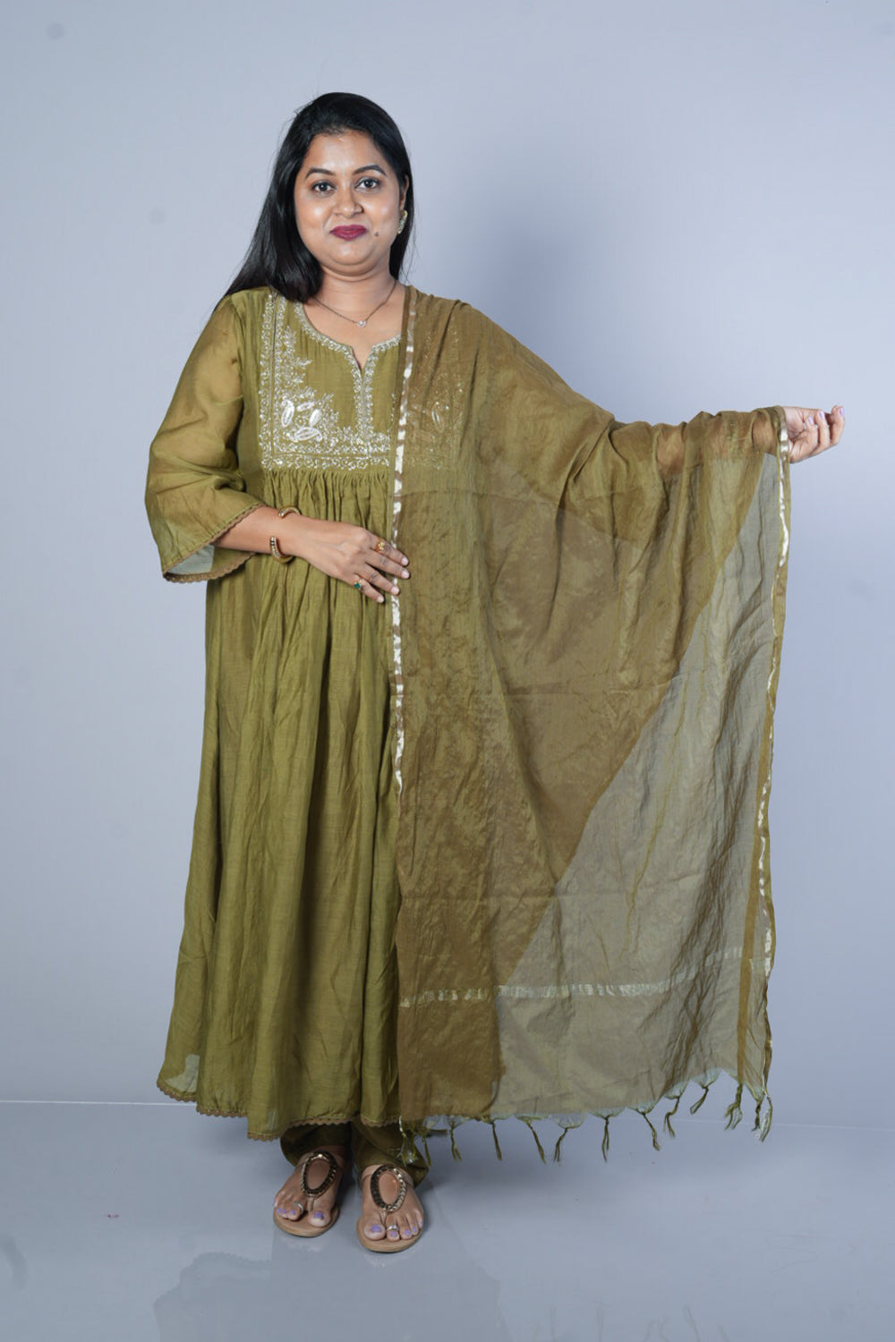 Pure Mulchanderi Green colour with silver Zari sequencing on yoke part