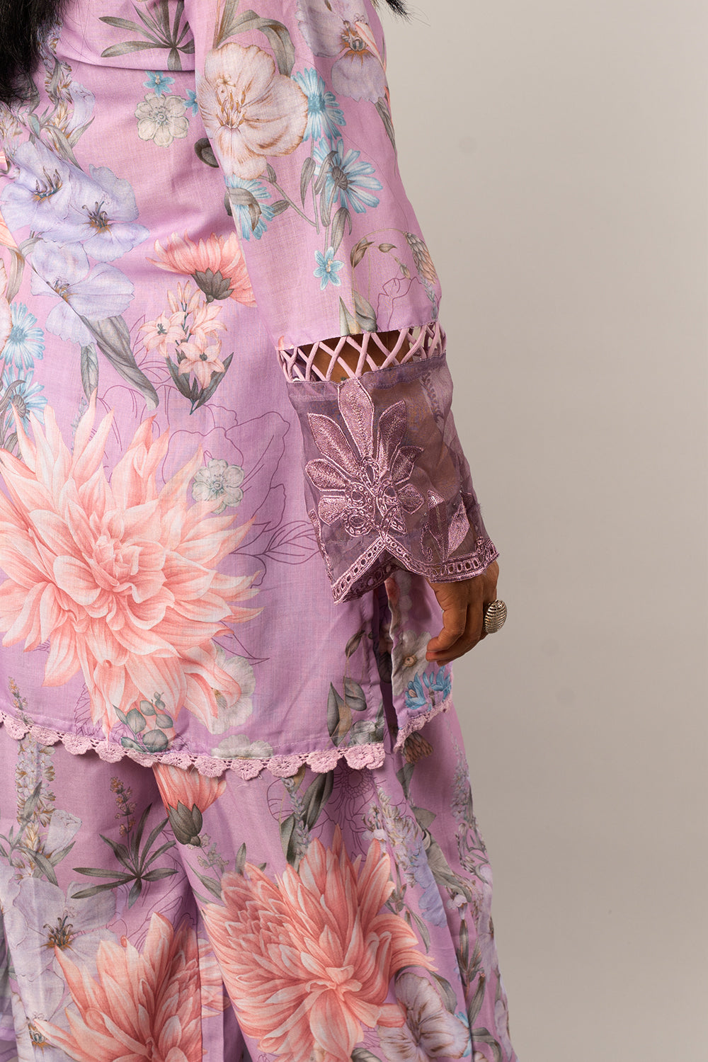 Farshi Salwar with lace detailings on neck and Sleeves