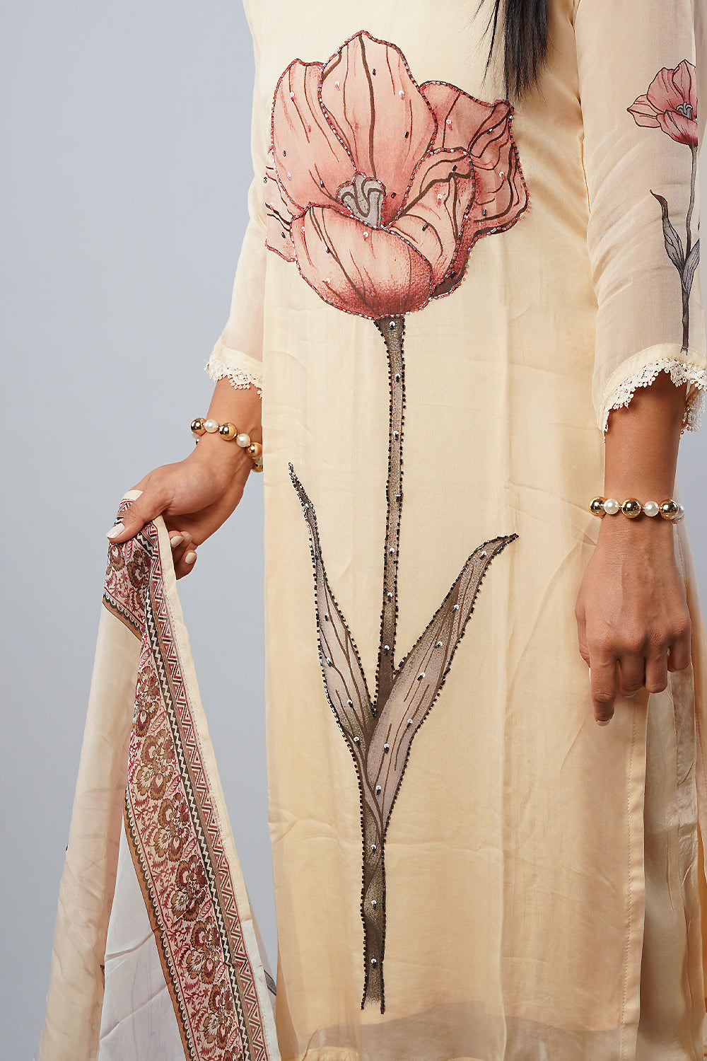 Cream Viscose Organza Flower print with handwork