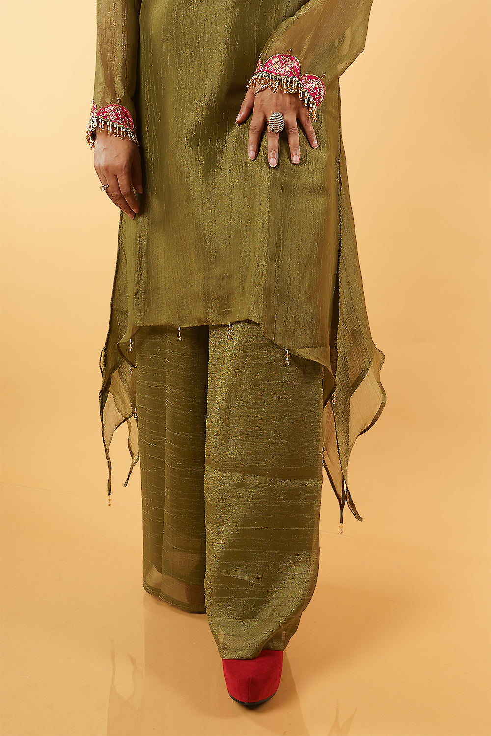 Olive Green Shimmer Crush Handwork 3 Piece suit