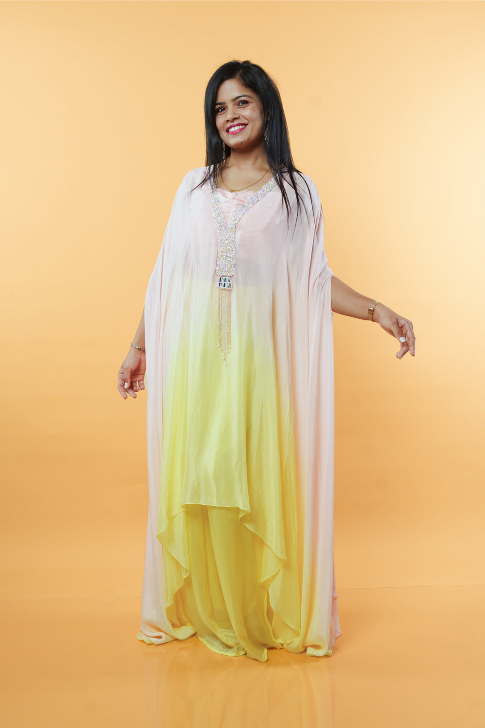 Baby pink and Yellow Shaded Indowestern set