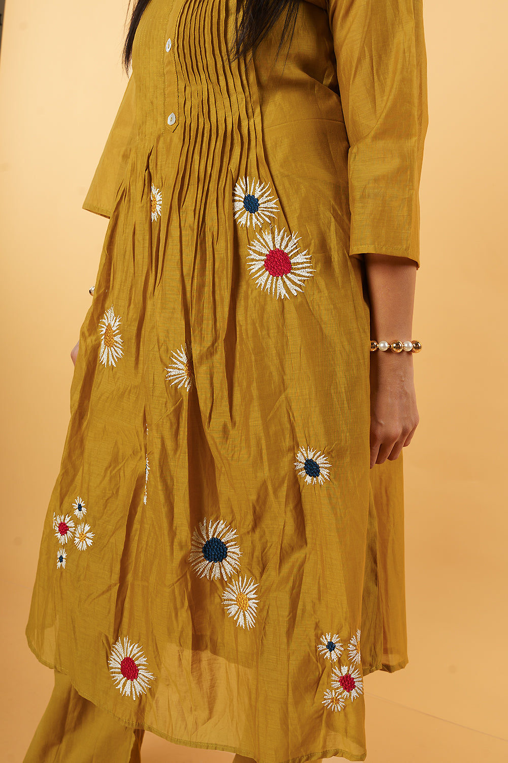 Mustard Mulchanderi with Flower embroidery