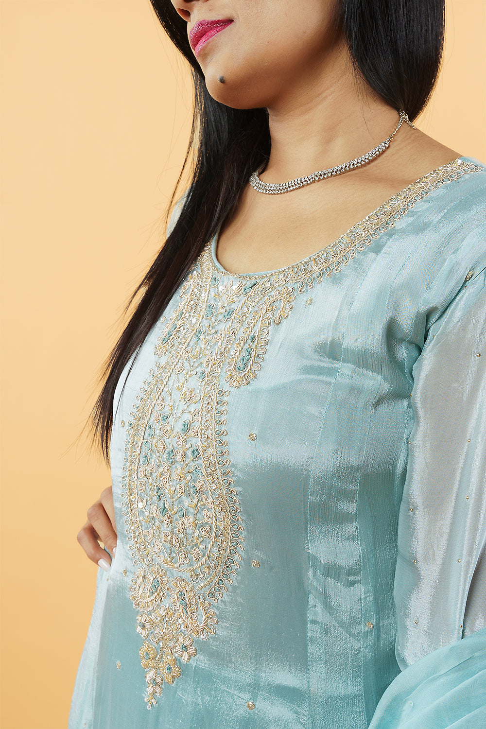 Ice Blue Pure chinnon Handwork Anarkali set