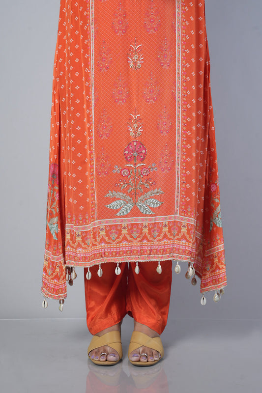 Orange C cut shell work pure crepe suit set