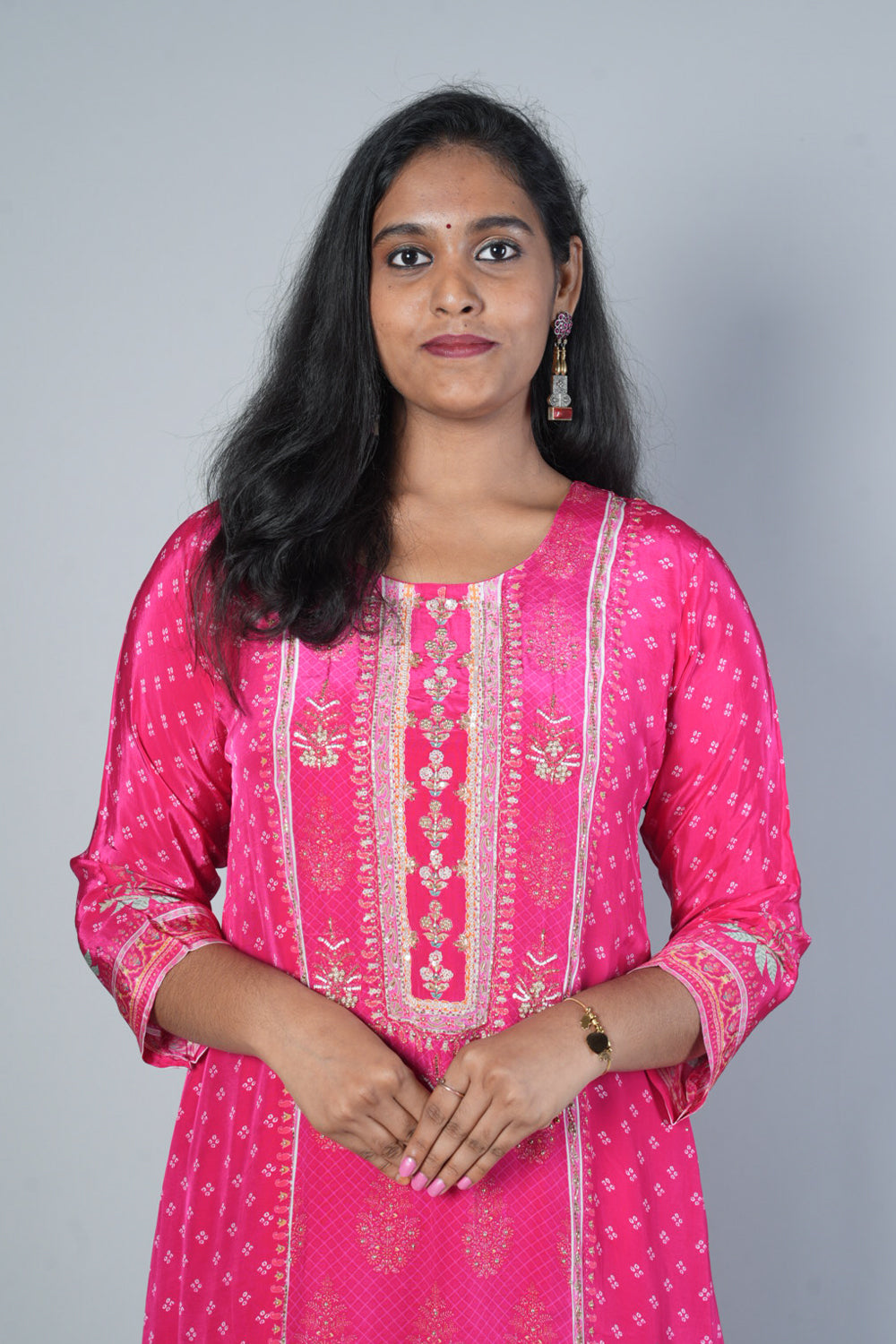 Pink C cut shell work pure crepe suit set