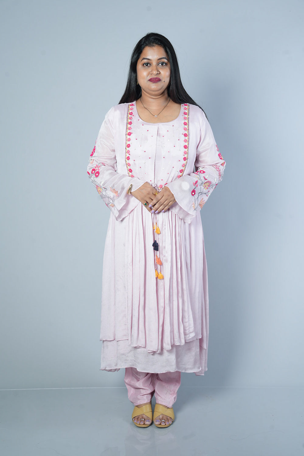Baby Pink Jacket pattern pure chinnon kurti pant