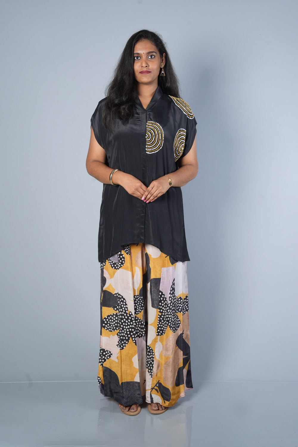 Black Crepe Designer Cordset with Handwork on on side of shirt