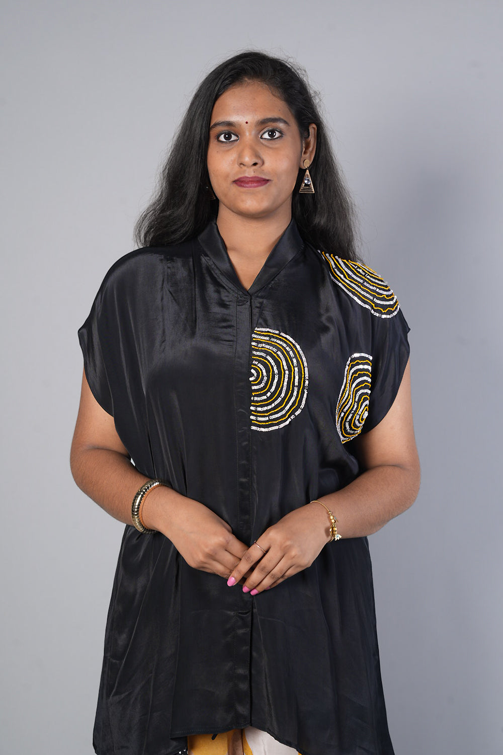 Black Crepe Designer Cordset with Handwork on on side of shirt