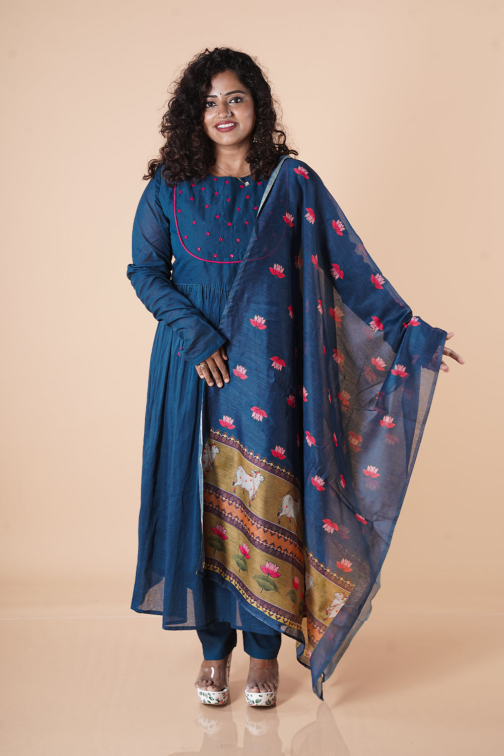 Blue Mulcotton Chudi Sleeves with Chanderi Pichwai Dupatta