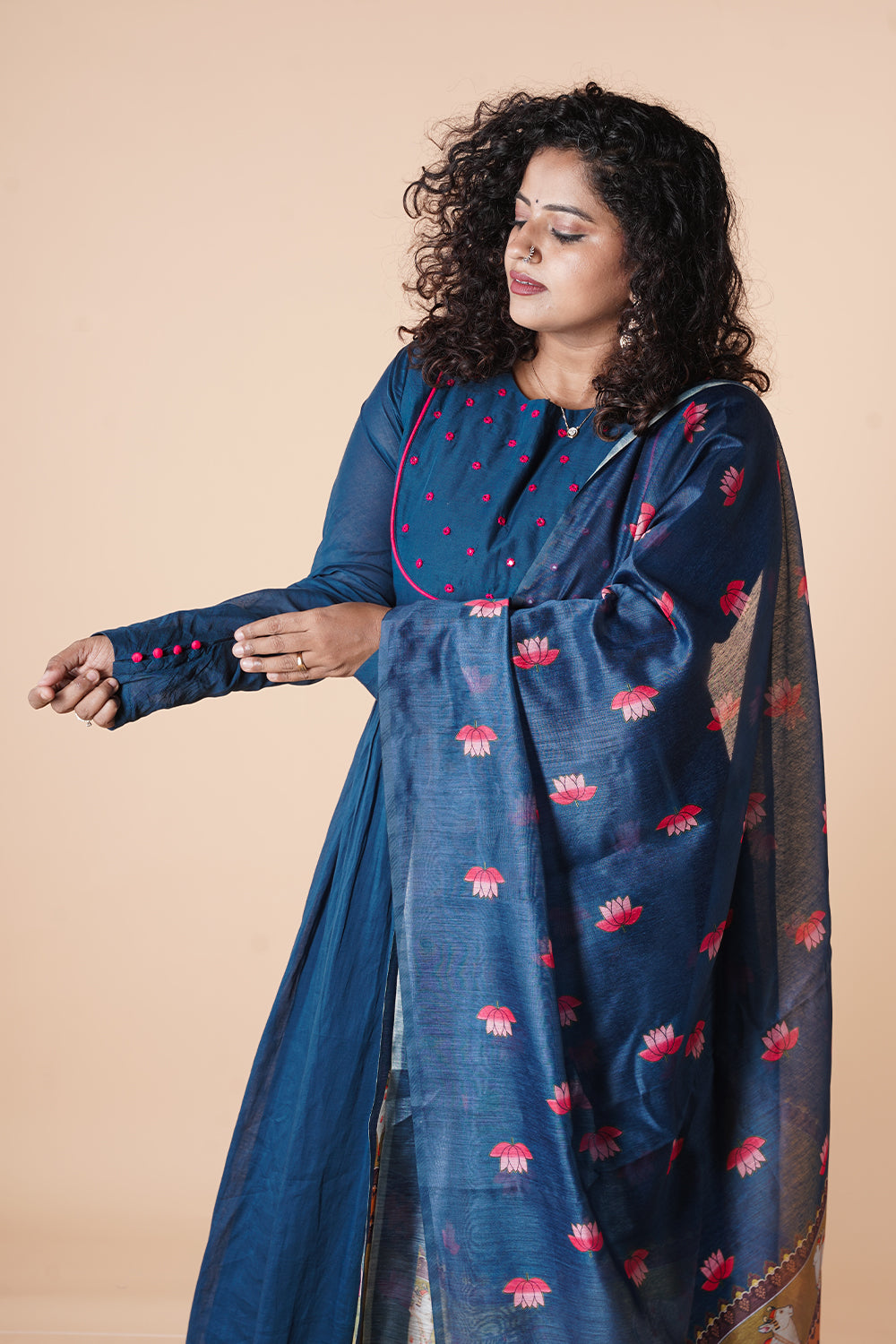 Blue Mulcotton Chudi Sleeves with Chanderi Pichwai Dupatta