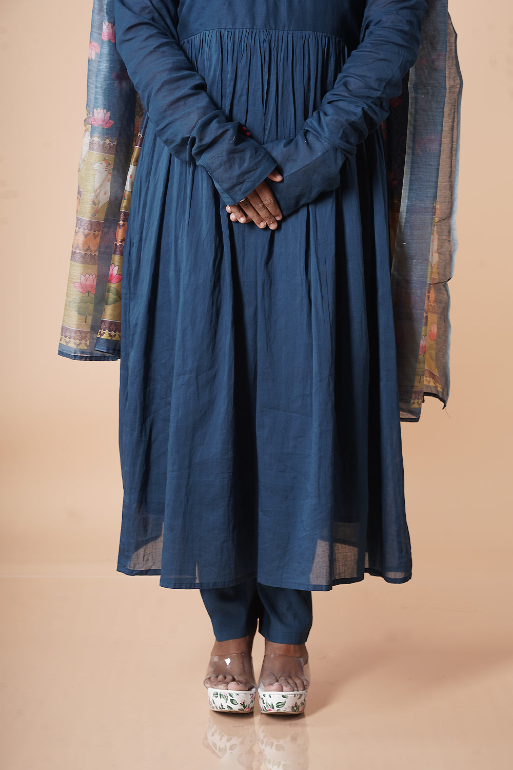 Blue Mulcotton Chudi Sleeves with Chanderi Pichwai Dupatta