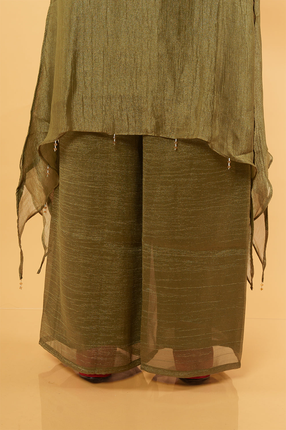 Olive Green Shimmer Crush Handwork 3 Piece suit