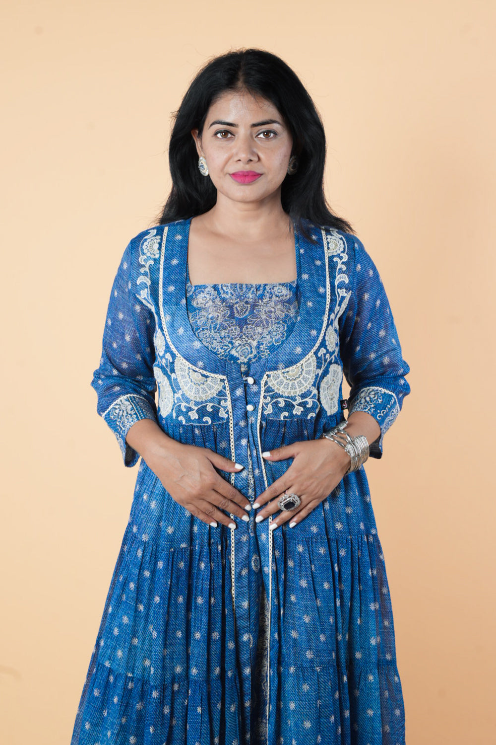 Blue Jacket Pattern Frock with embroidery on neck
