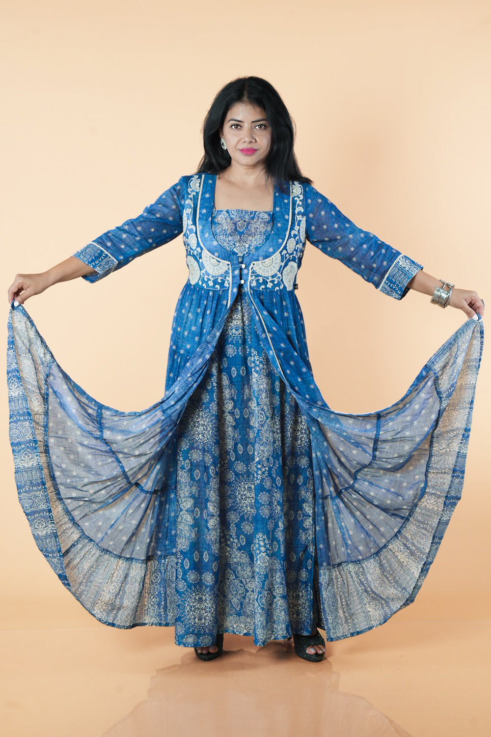 Blue Jacket Pattern Frock with embroidery on neck