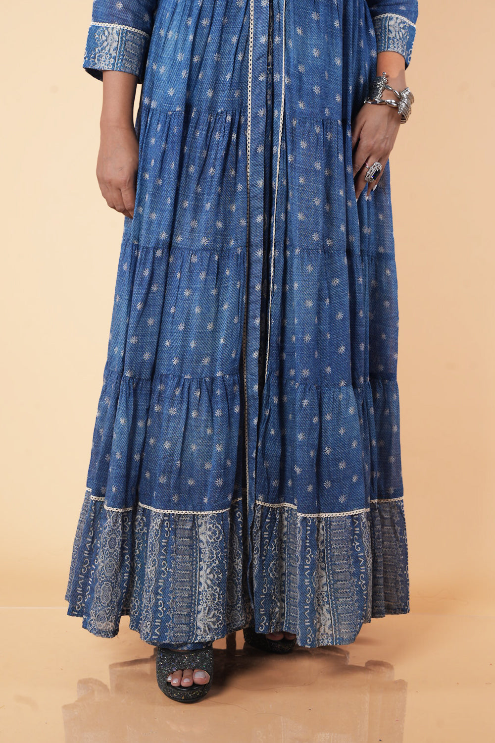 Blue Jacket Pattern Frock with embroidery on neck