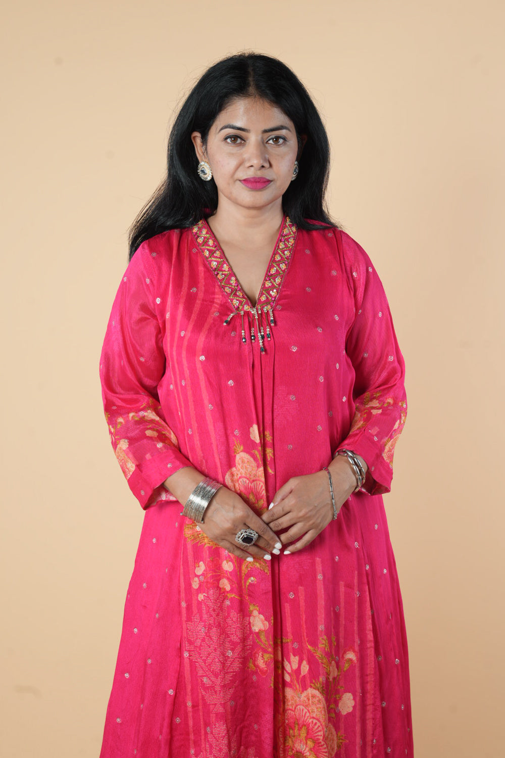 Pink Chinnon High low pattern with Excusive neck detailings