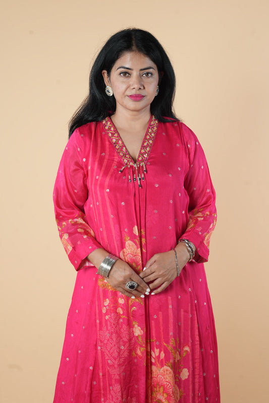 Pink Chinnon High low pattern with Excusive neck detailings