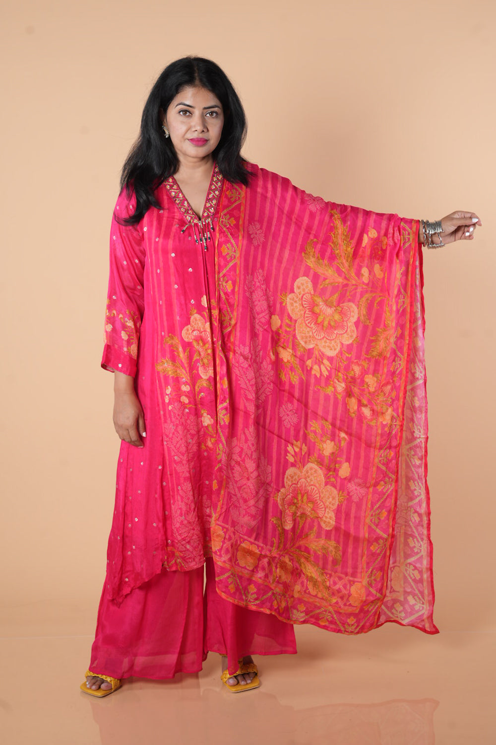 Pink Chinnon High low pattern with Excusive neck detailings