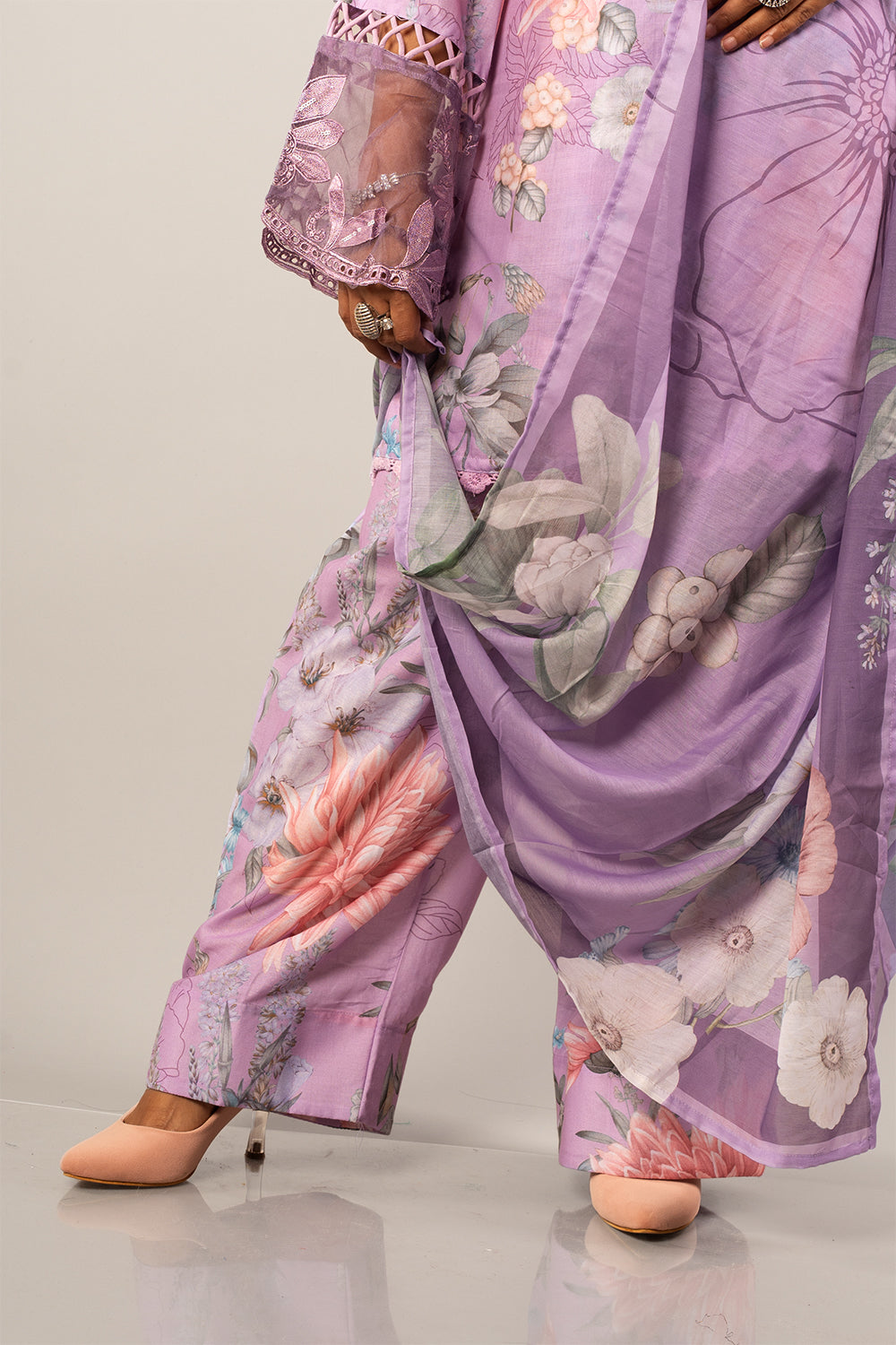 Farshi Salwar with lace detailings on neck and Sleeves