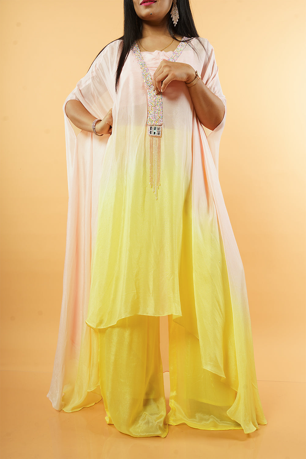 Baby pink and Yellow Shaded Indowestern set
