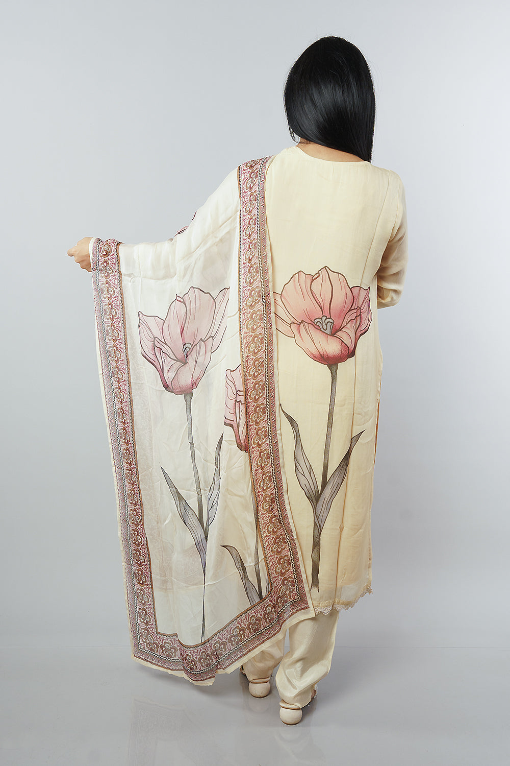 Cream Viscose Organza Flower print with handwork