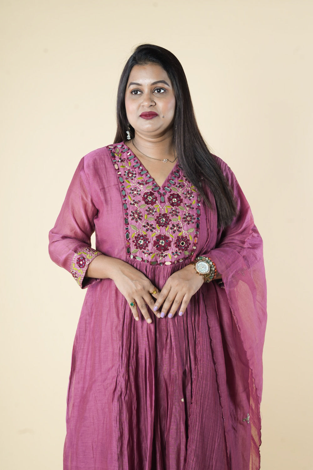 Mirror work pure Banaras Mulchanderi with suttle neck detailings