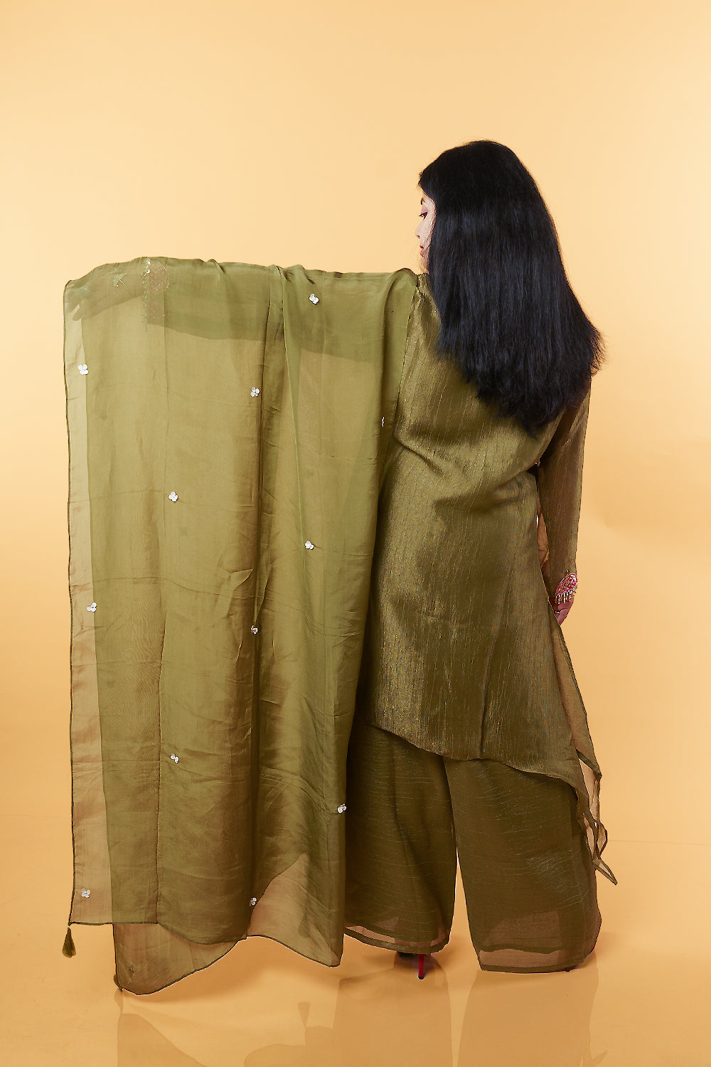 Olive Green Shimmer Crush Handwork 3 Piece suit