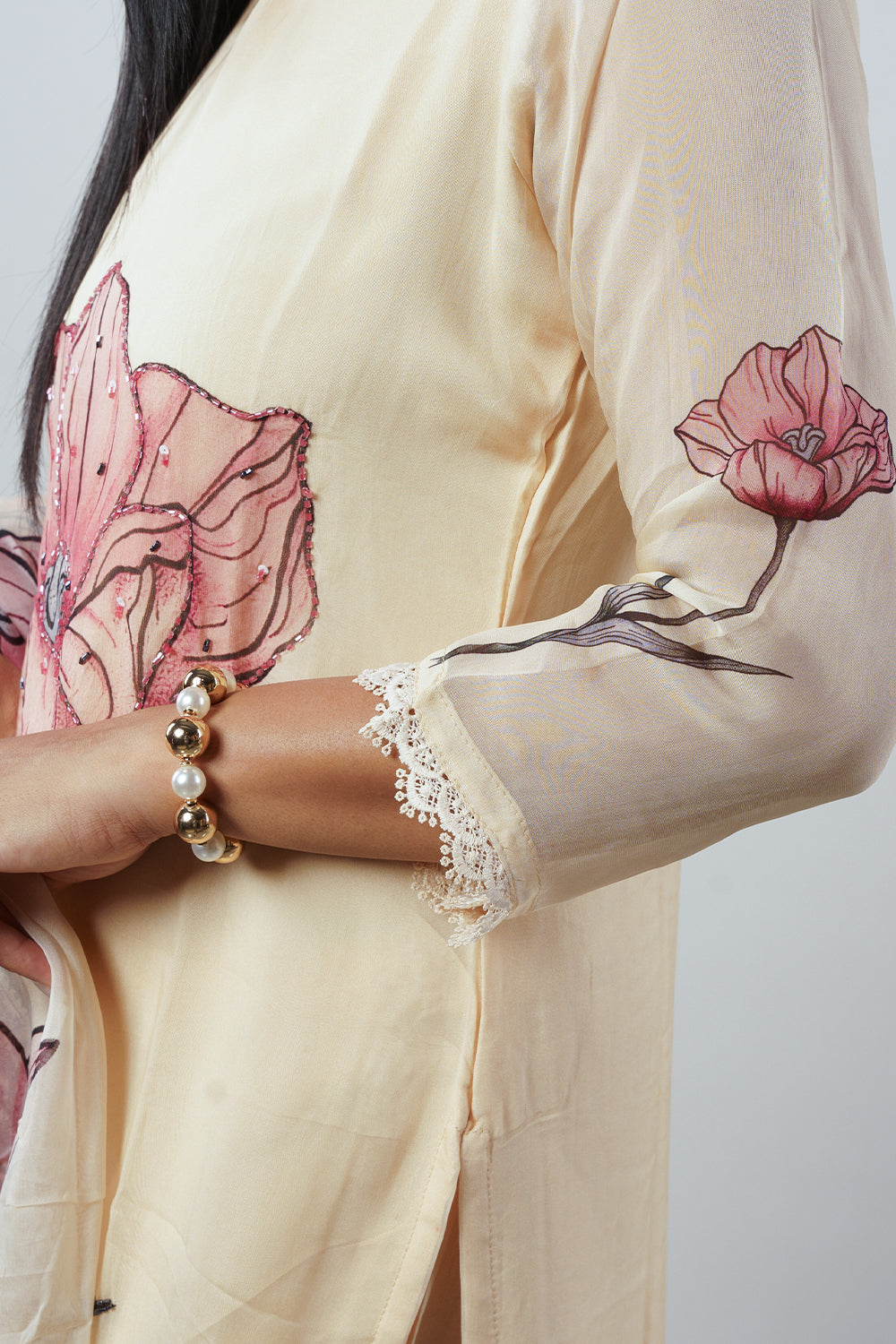 Cream Viscose Organza Flower print with handwork