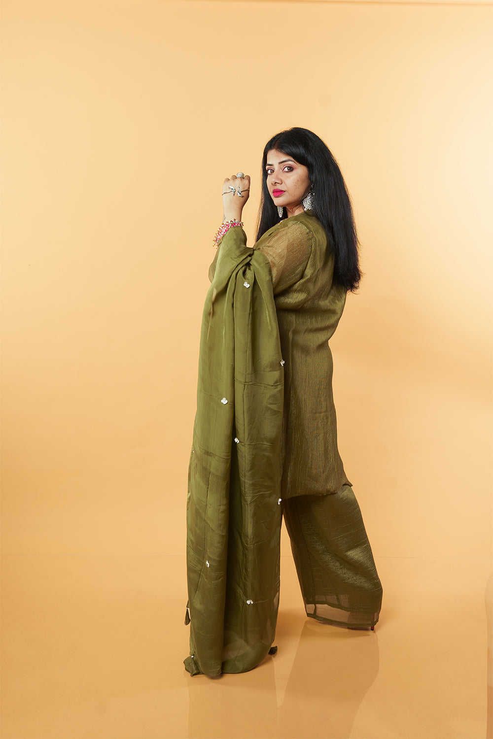 Olive Green Shimmer Crush Handwork 3 Piece suit