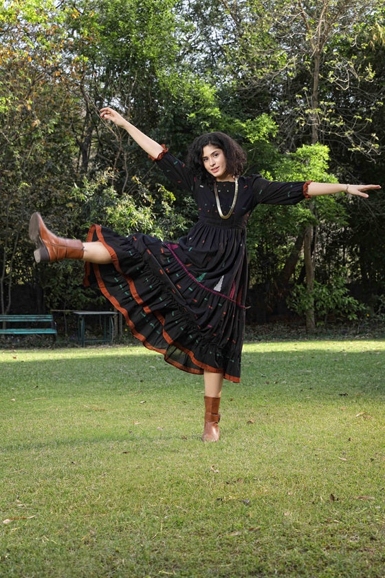 Black Frock with Jamdhani Weaving and Frilled Sleeves