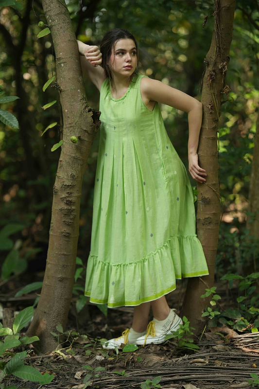 Green Jamdhani Frock with Short Jacket in Denim Colour