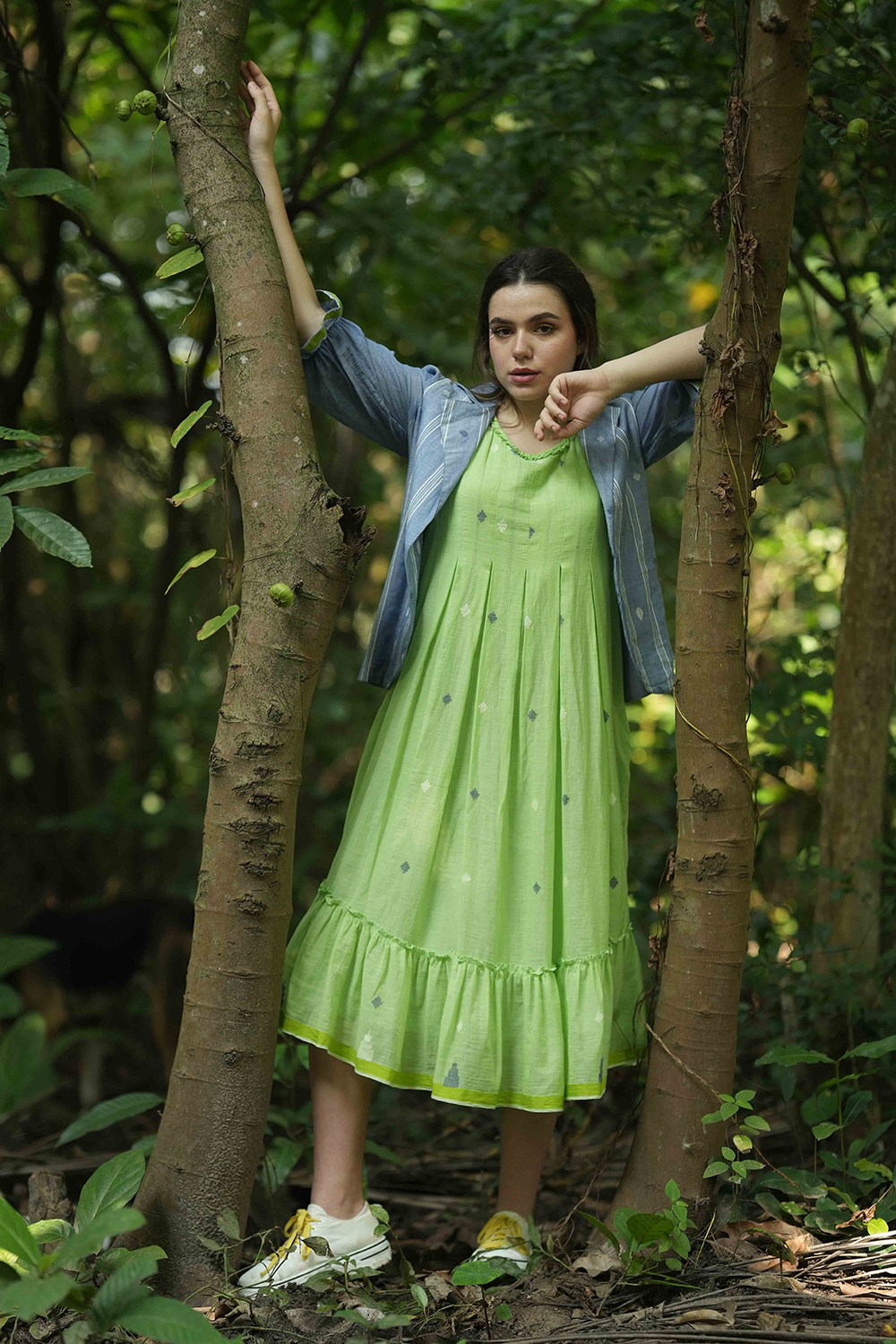 Green Jamdhani Frock with Short Jacket in Denim Colour