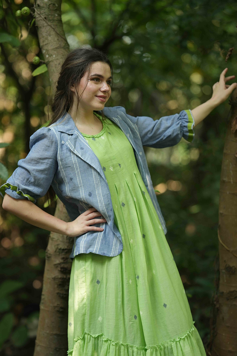 Green Jamdhani Frock with Short Jacket in Denim Colour