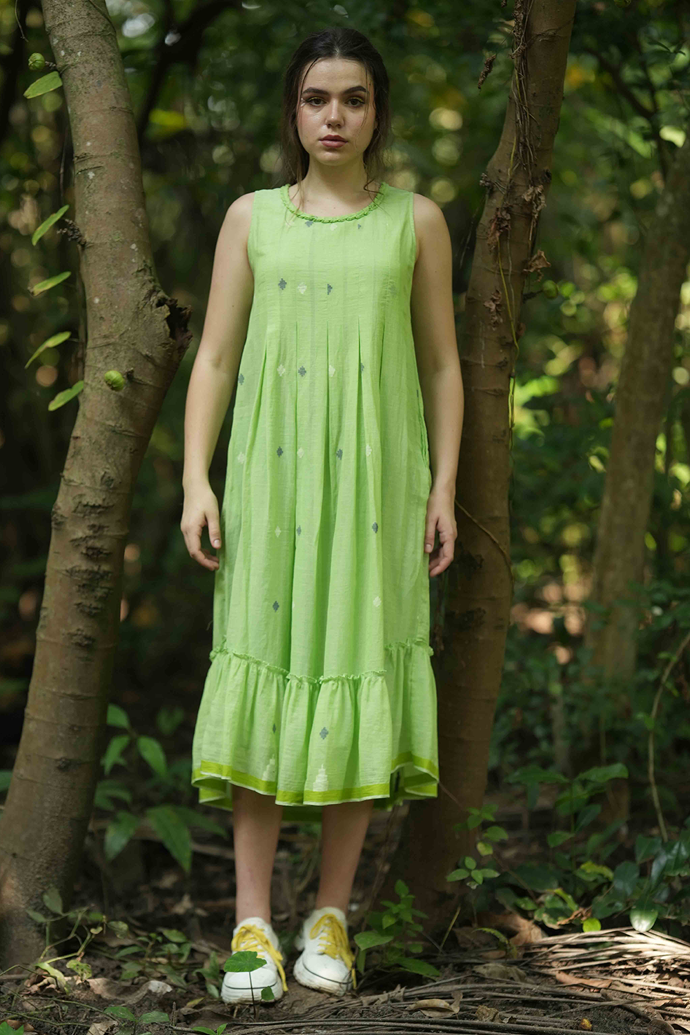 Green Jamdhani Frock with Short Jacket in Denim Colour