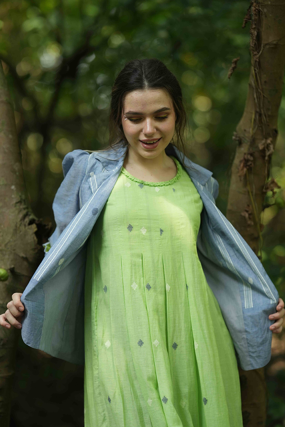 Green Jamdhani Frock with Short Jacket in Denim Colour