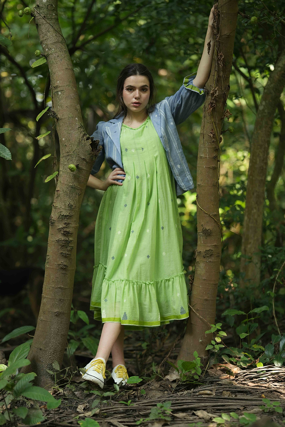 Green Jamdhani Frock with Short Jacket in Denim Colour