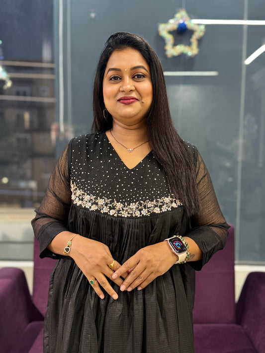 Black Banaras Kota Frock with handwork