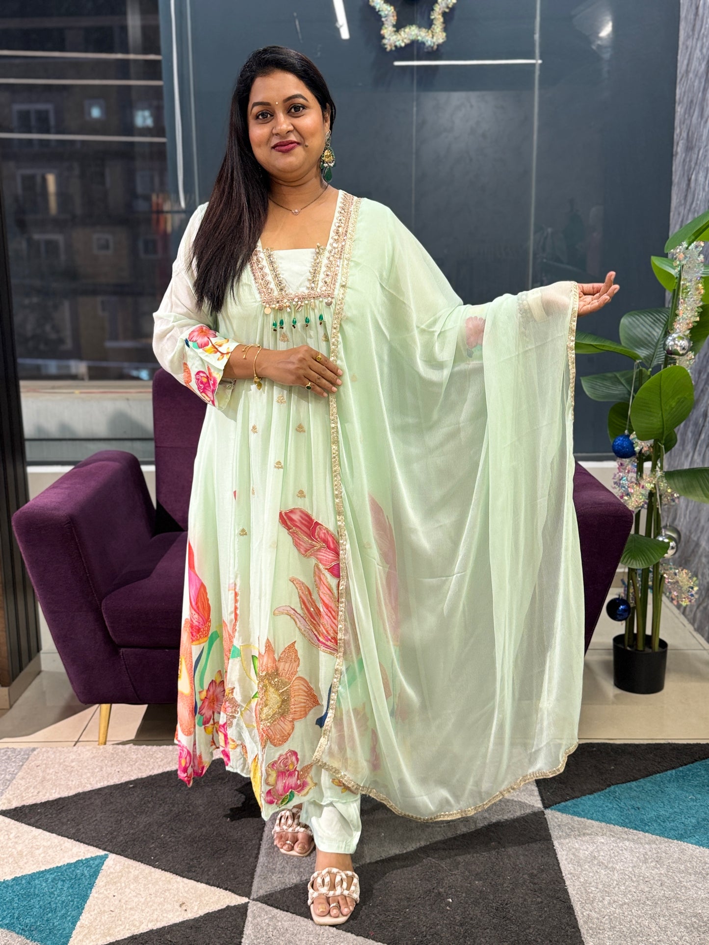 Pista Green Pure chinnon Ethnic Wear suit set