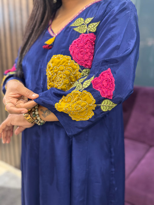 Pure Crepe Royal blue colour designer Aplique suit set